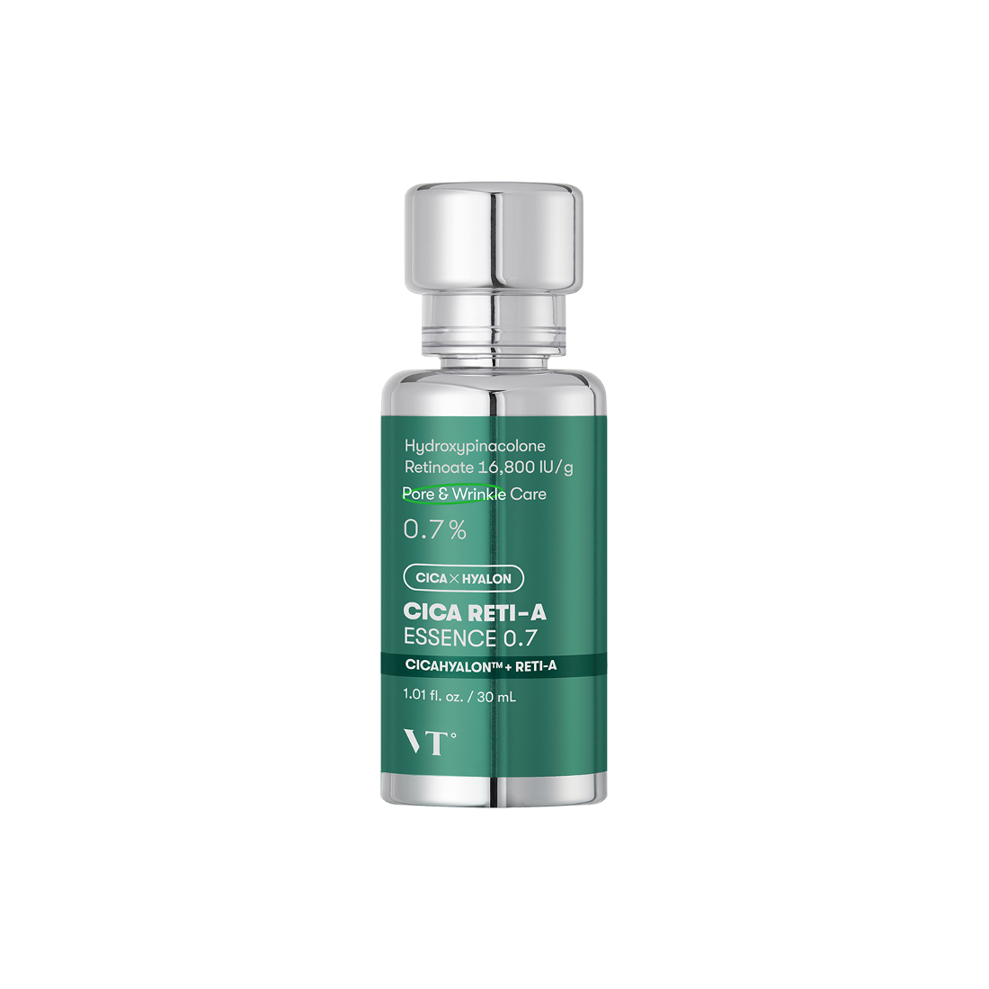 VT COSMETICS  Cica Reti-A Essence 0.7 30ml, flacon sérum à la vitamine Cica, sur fond blanc.