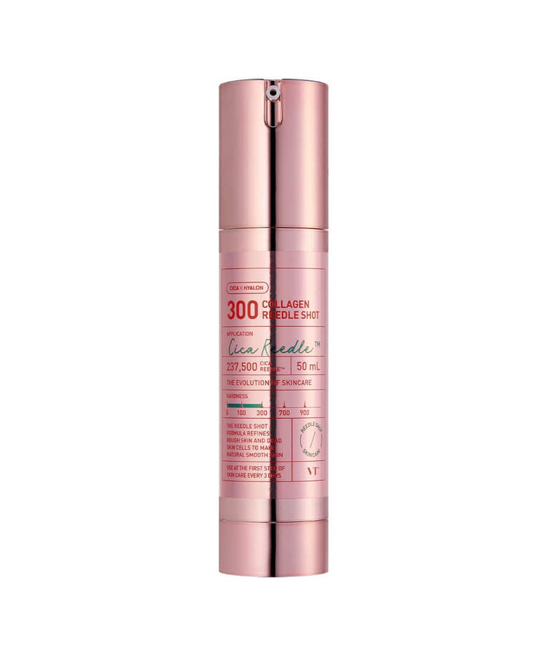 VT COSMETICS Collagen Reedle Shot® flacon rose métallisé en studio, produit beauté anti-âge.