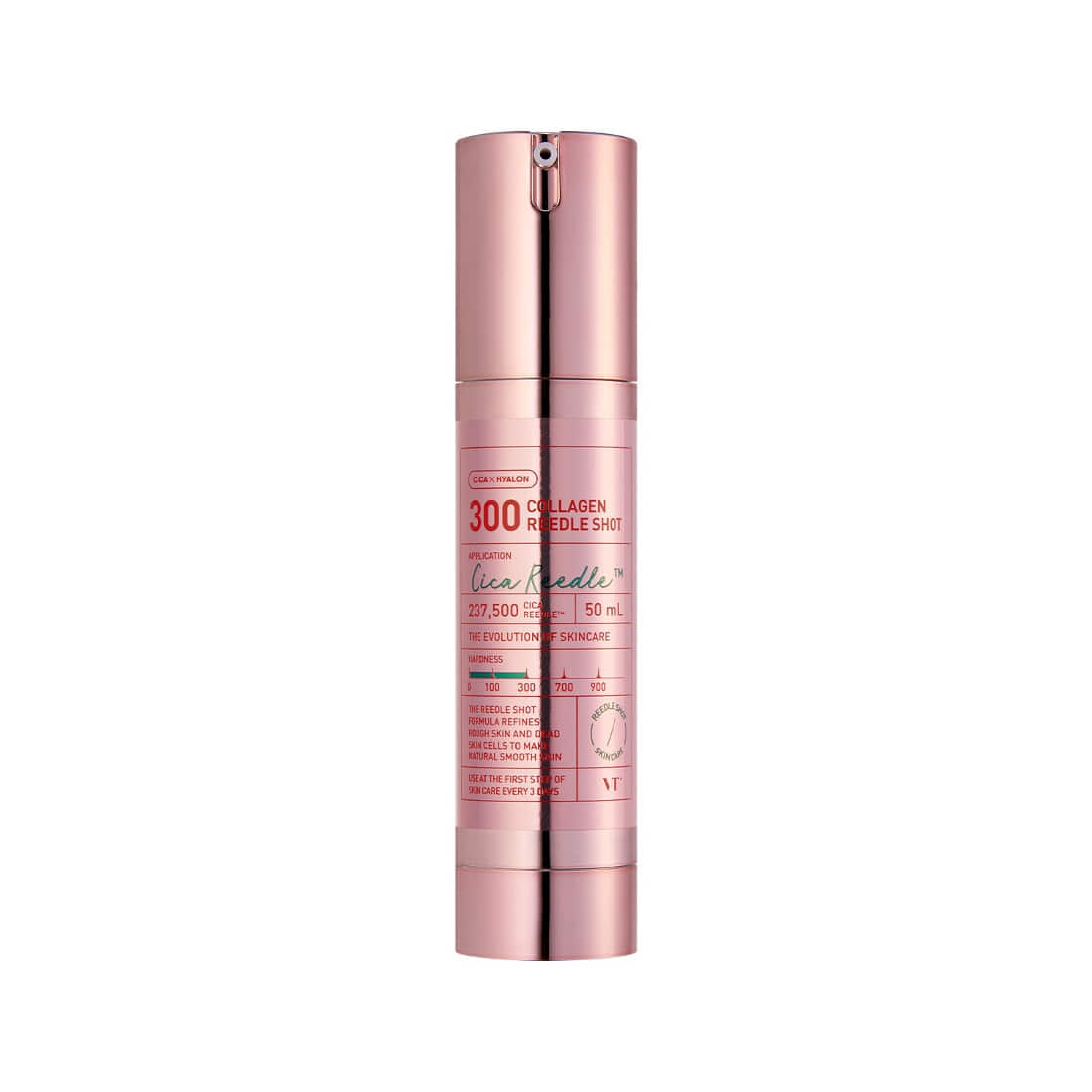 VT COSMETICS Collagen Reedle Shot® flacon rose métallisé en studio, produit beauté anti-âge.