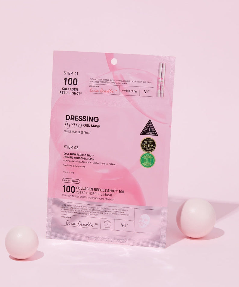 VT COSMETICS  Collagen Riddle Shot 100 2-Step Hydrogel Mask (4 sheets), masque VT sur fond rose, produit en sachet