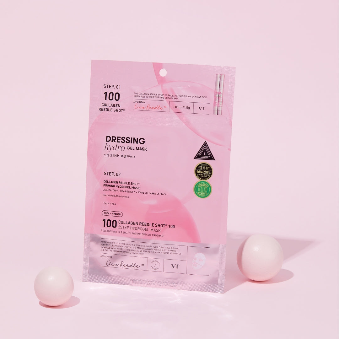VT COSMETICS  Collagen Riddle Shot 100 2-Step Hydrogel Mask (4 sheets), masque VT sur fond rose, produit en sachet