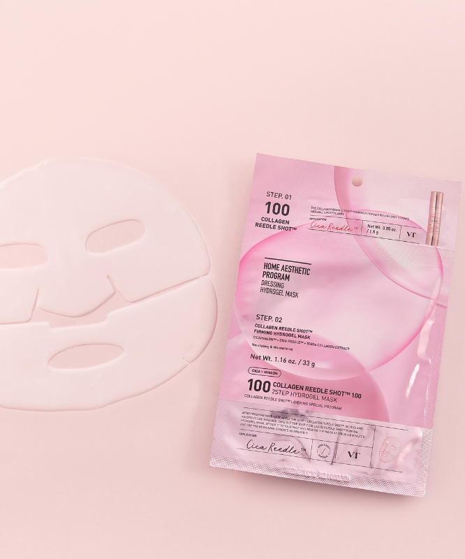 VT COSMETICS  Collagen Riddle Shot 100 2-Step Hydrogel Mask (4 sheets) : masque hydrogel en feuille et pochette sur fond rose
