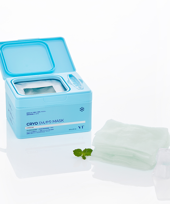 VT COSMETICS  Cryo Ice Mask 30ea, masque cryo VT Cosmetics en boite bleue avec lingettes sur fond blanc