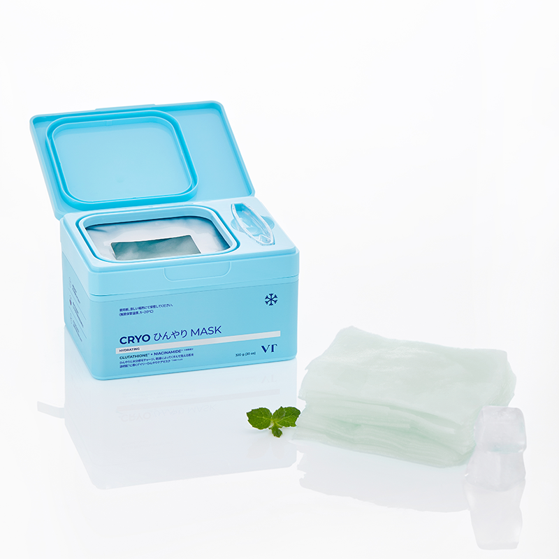 VT COSMETICS  Cryo Ice Mask 30ea, masque cryo VT Cosmetics en boite bleue avec lingettes sur fond blanc