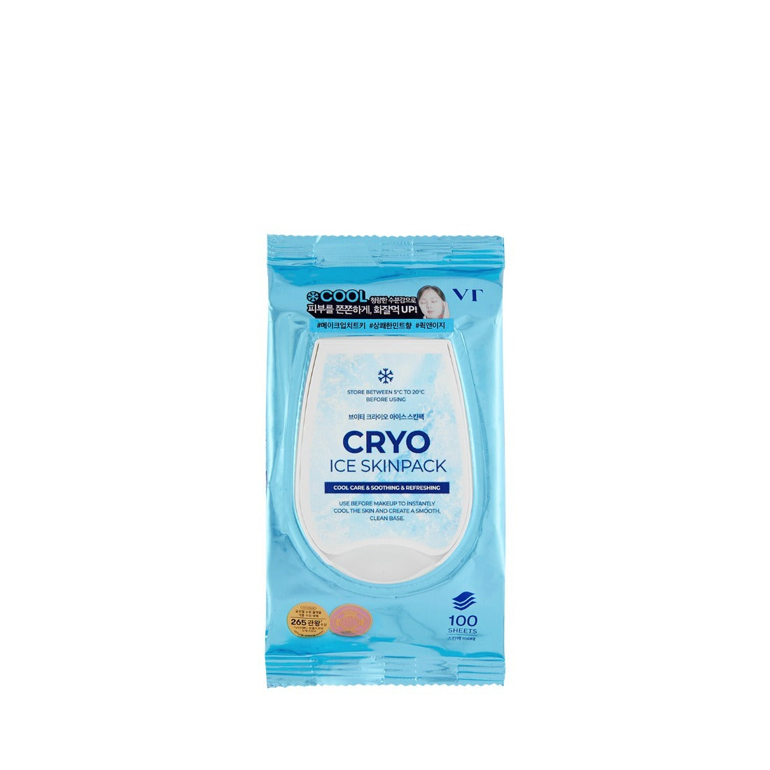 VT COSMETICS Cryo Ice Skin Pack 210g, masque en pack bleu glacé de VT Cosmetics, produit sur fond blanc.