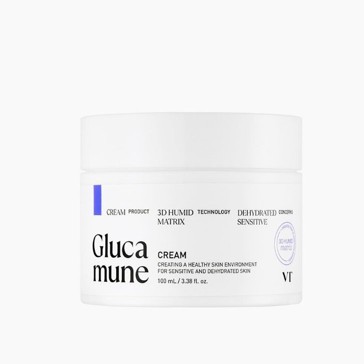 VT COSMETICS Glucamune Cream - 100ml, pot blanc sur fond clair, crème hydratante anti-dessèchement, marque VT Cosmetics