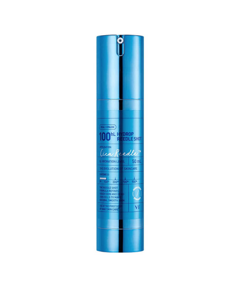 VT COSMETICS Hydrop Reedle Shot® en flacon bleu métallisé sur fond blanc, produit cosmétique de la marque VT