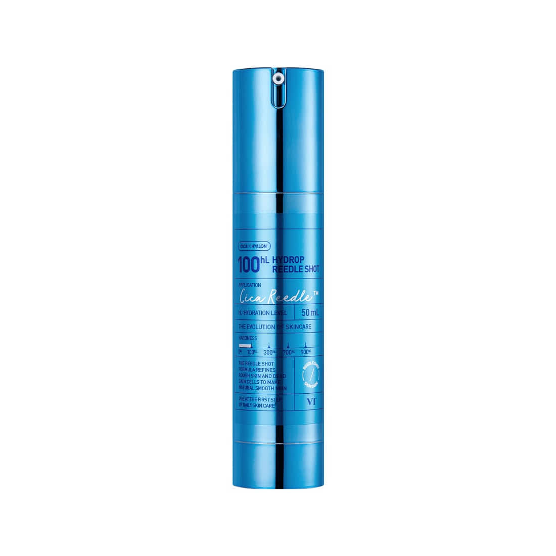 VT COSMETICS Hydrop Reedle Shot® en flacon bleu métallisé sur fond blanc, produit cosmétique de la marque VT