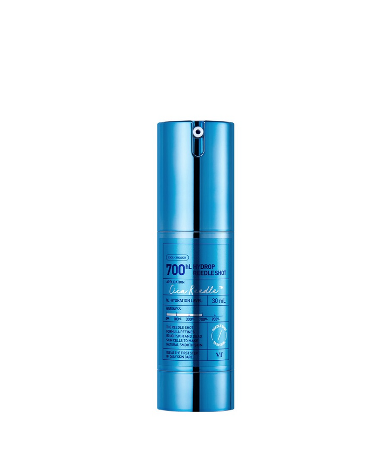 VT COSMETICS Hydrop Reedle Shot® flacon bleu sur fond clair, produit de beauté en pack promotionnel