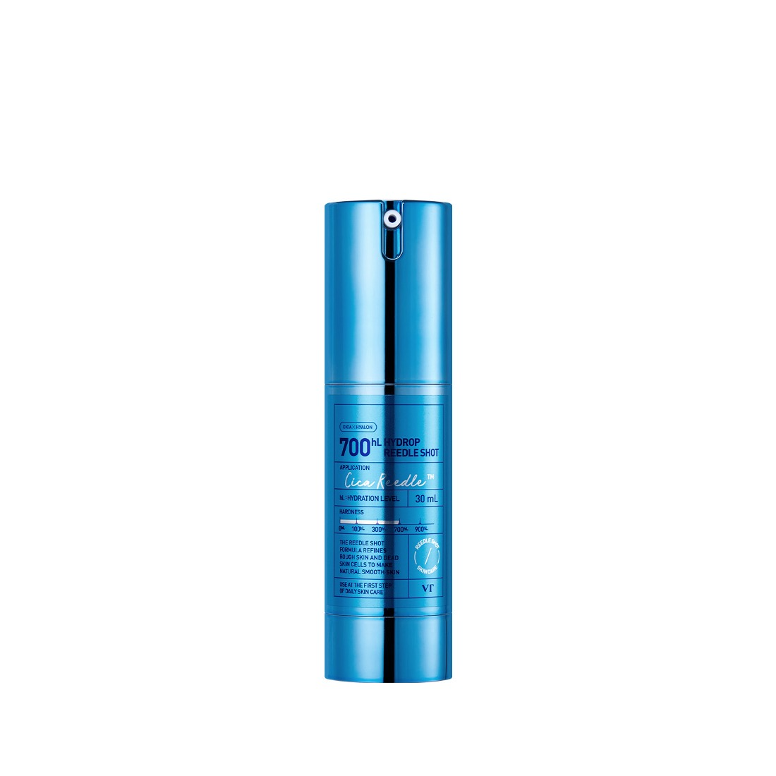 VT COSMETICS Hydrop Reedle Shot® flacon bleu sur fond clair, produit de beauté en pack promotionnel