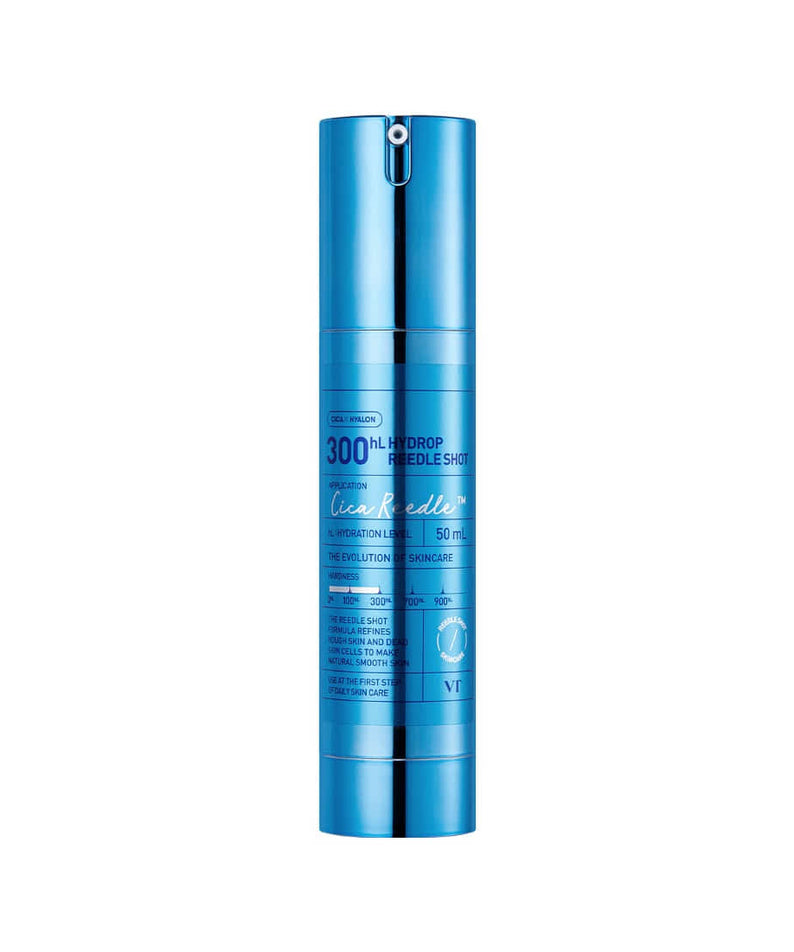 VT COSMETICS Hydrop Reedle Shot®, flacon bleu sur fond clair, produit beauté hydratant en contexte cosmétique.