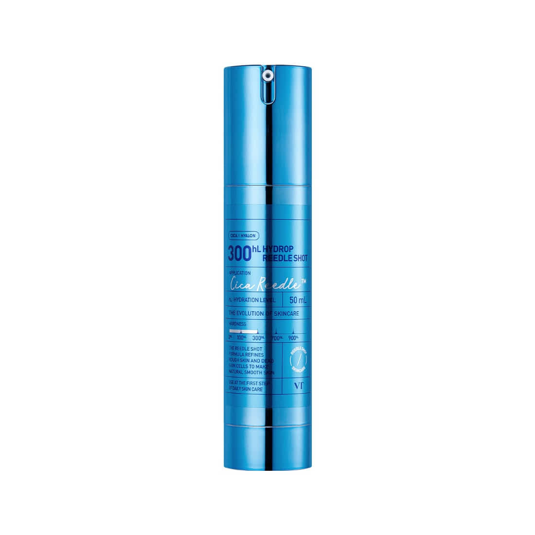 VT COSMETICS Hydrop Reedle Shot®, flacon bleu sur fond clair, produit beauté hydratant en contexte cosmétique.