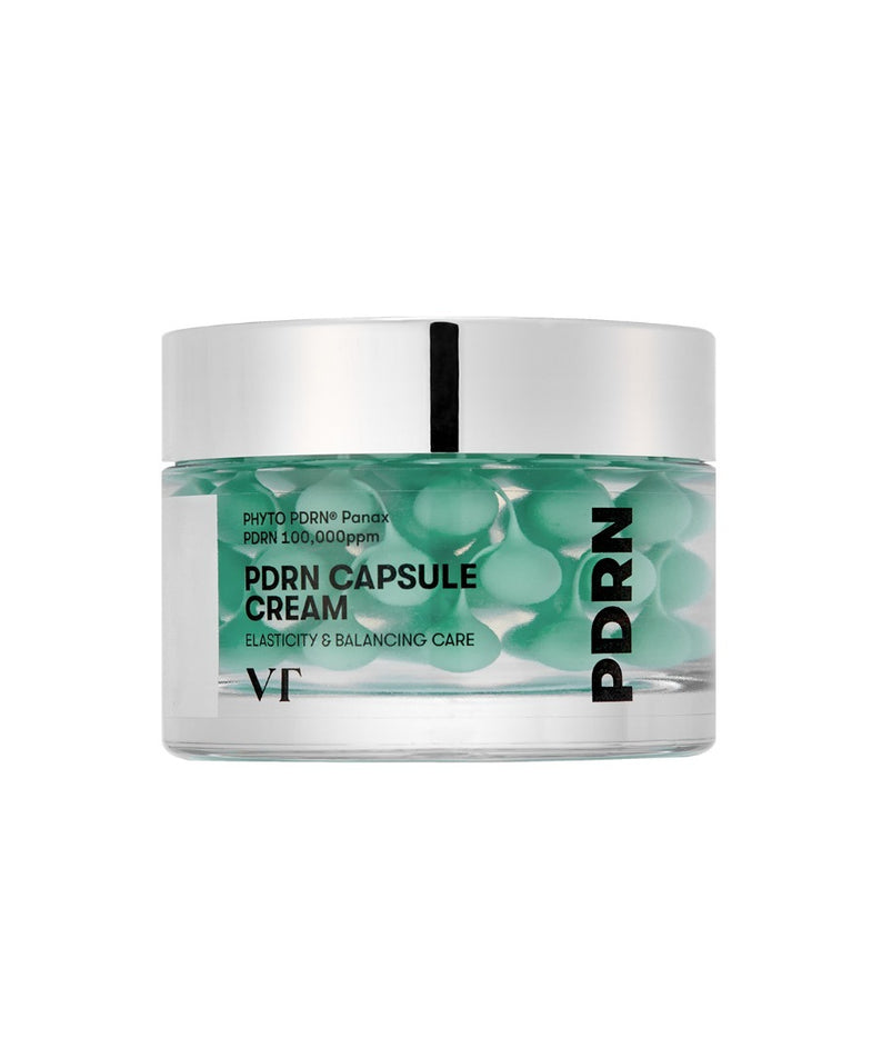 VT COSMETICS PDRN Capsule Cream 100 - 50ml en pot blanc, crème verte sur fond clair, produit beauté VT COSMETICS