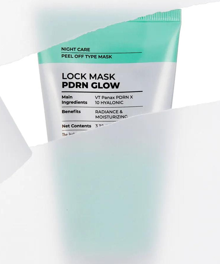 Décris l'image en français : VT COSMETICS  PDRN Glow Lock Mask 100ml, masque peel-off vert VT COSMETIC sur fond clair.