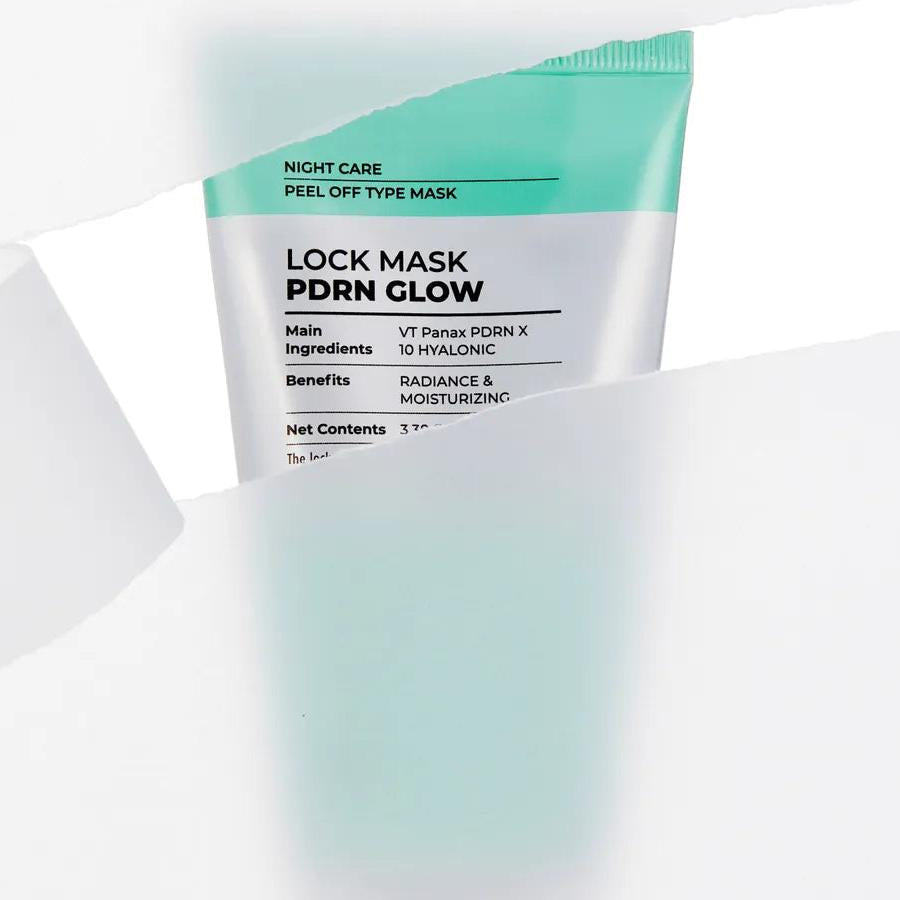 Décris l'image en français : VT COSMETICS  PDRN Glow Lock Mask 100ml, masque peel-off vert VT COSMETIC sur fond clair.