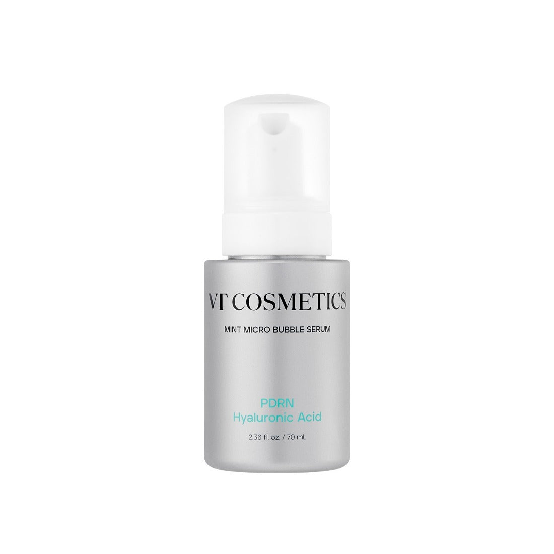 VT COSMETICS PDRN Hyaluronic Acid Mint Micro Bubble Serum 70ml : flacon blanc avec pompe, photo produit sur fond clair.