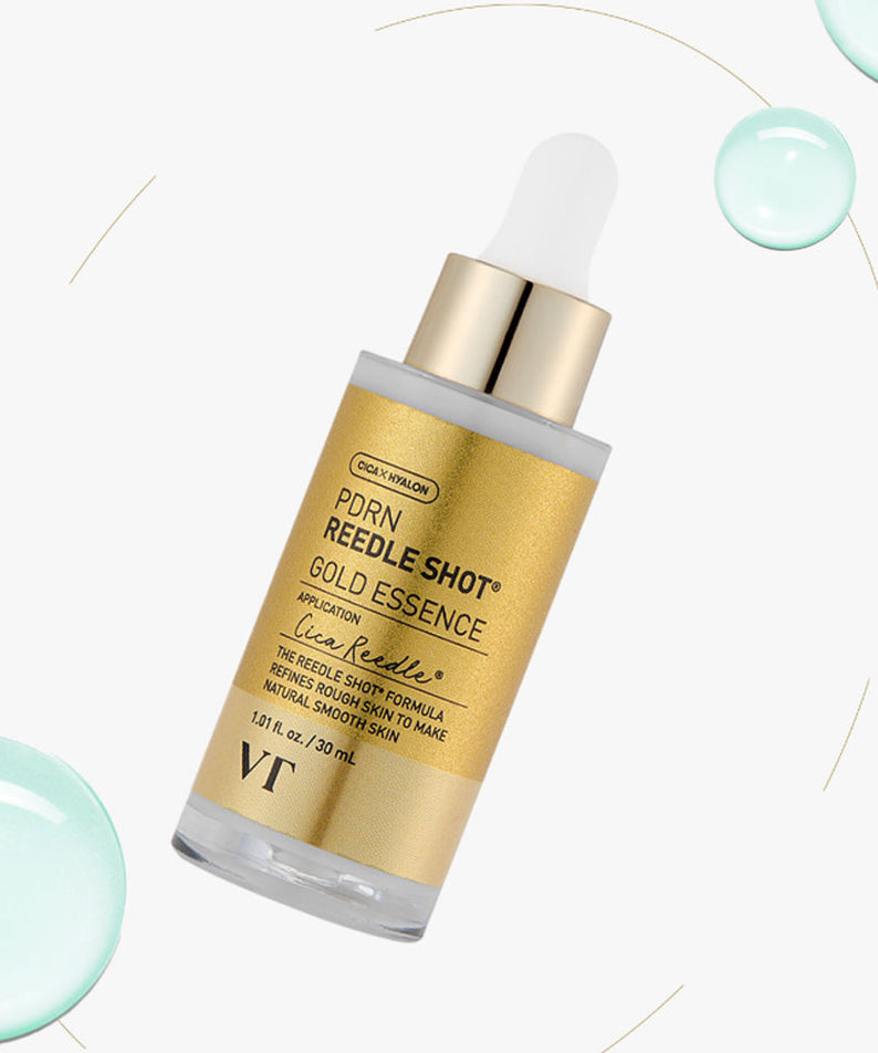 Décris l'image en français : VT COSMETICS  PDRN Riddle Shot Gold Essence 30ml, flacon doré VT sur fond clair décoré.