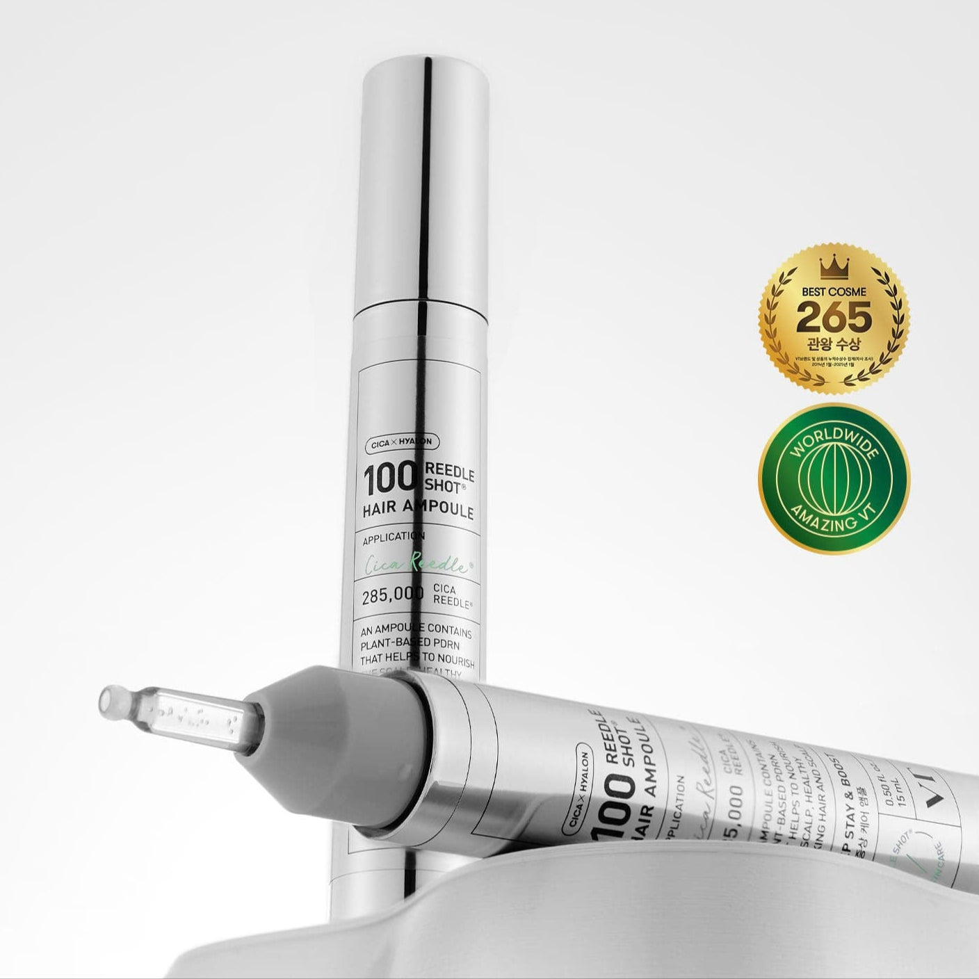 VT COSMETICS PDRN Riddle Shot Hair Ampoule 100dL 15ml, flacons sérum cheveux, marque VT COSMETICS sur fond blanc.