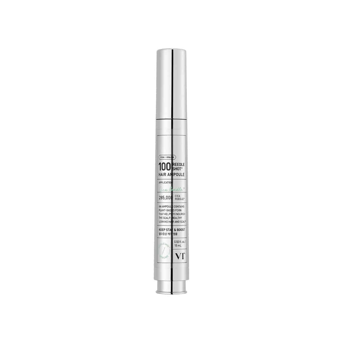 Décris l'image : VT COSMETICS PDRN Riddle Shot Hair Ampoule 100dL 15ml, flacon blanc argenté sur fond clair.