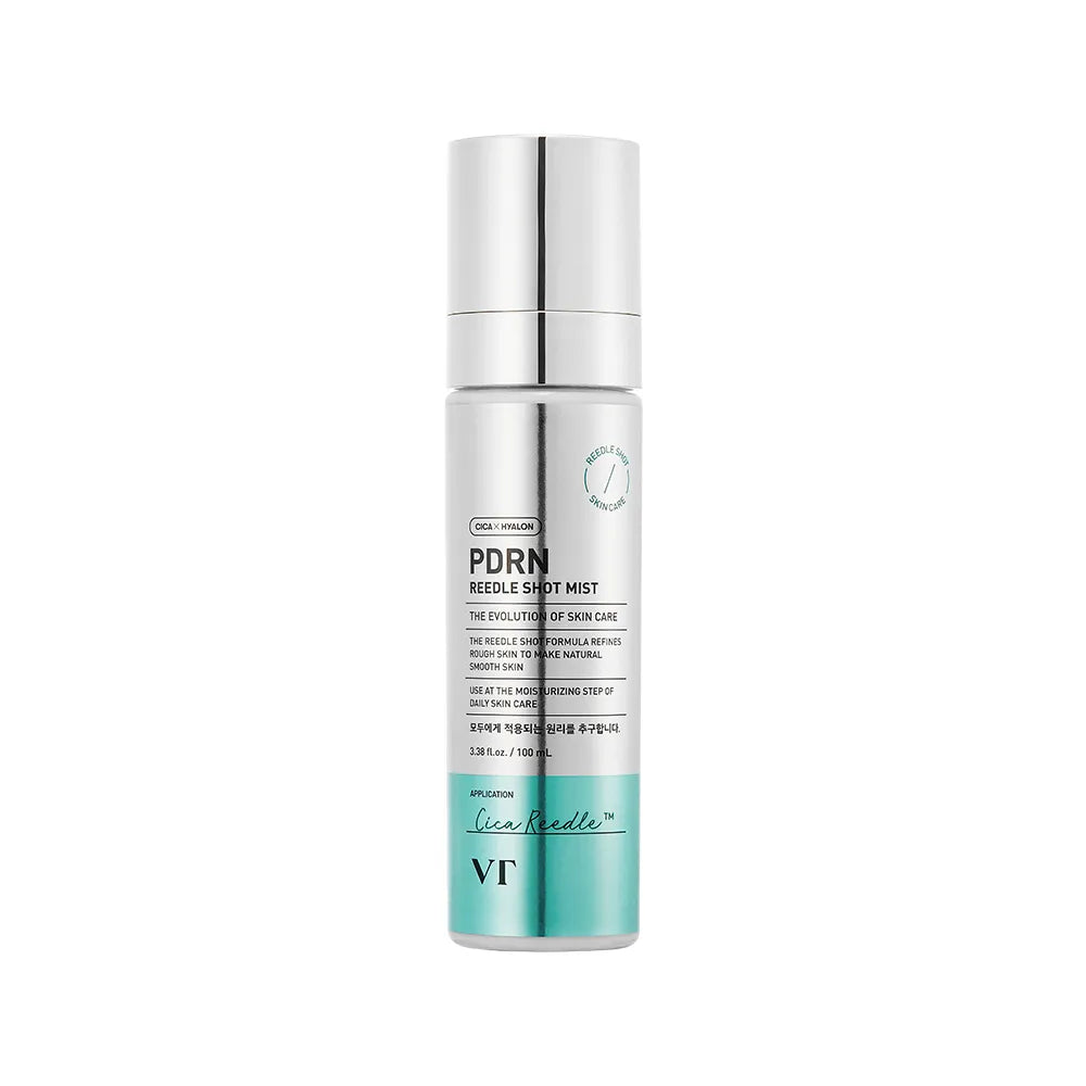 VT COSMETICS  PDRN Riddle Shot Mist 100ml, flacon brume visage blanc et turquoise sur fond clair, VT Cosmetics en vedette.
