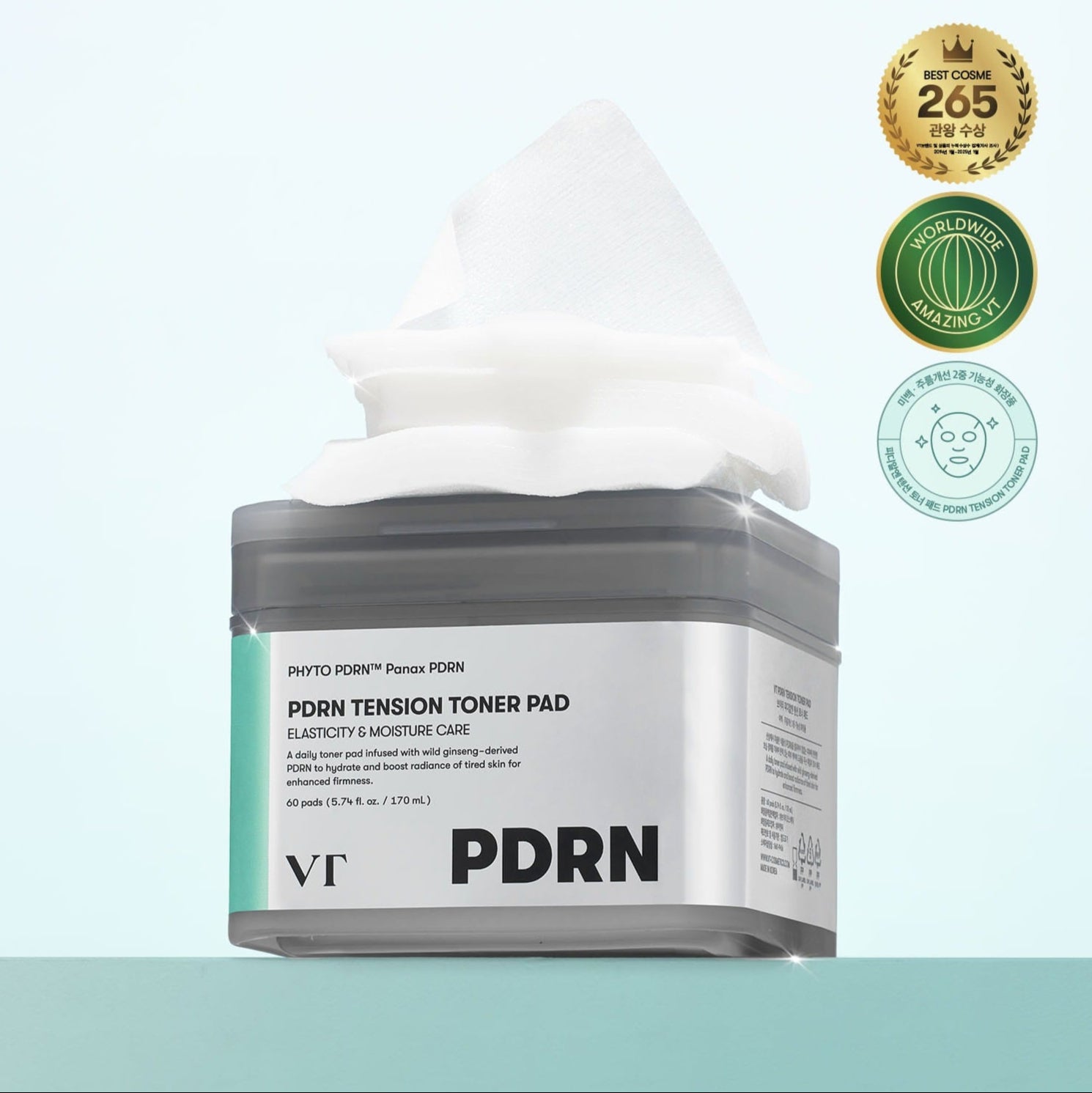 VT COSMETICS PDRN Tension Toner Pads 60 Sheets : boîte et pack de pads sur fond clair, marque VT Cosmetics en avant.