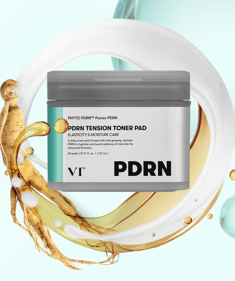 VT COSMETICS PDRN Tension Toner Pads 60 Sheets, pot VT Cosmetics sur fond bleu, contexte skincare beauté