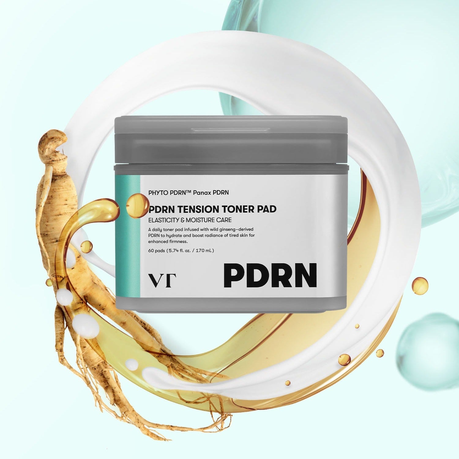 VT COSMETICS PDRN Tension Toner Pads 60 Sheets, pot VT Cosmetics sur fond bleu, contexte skincare beauté