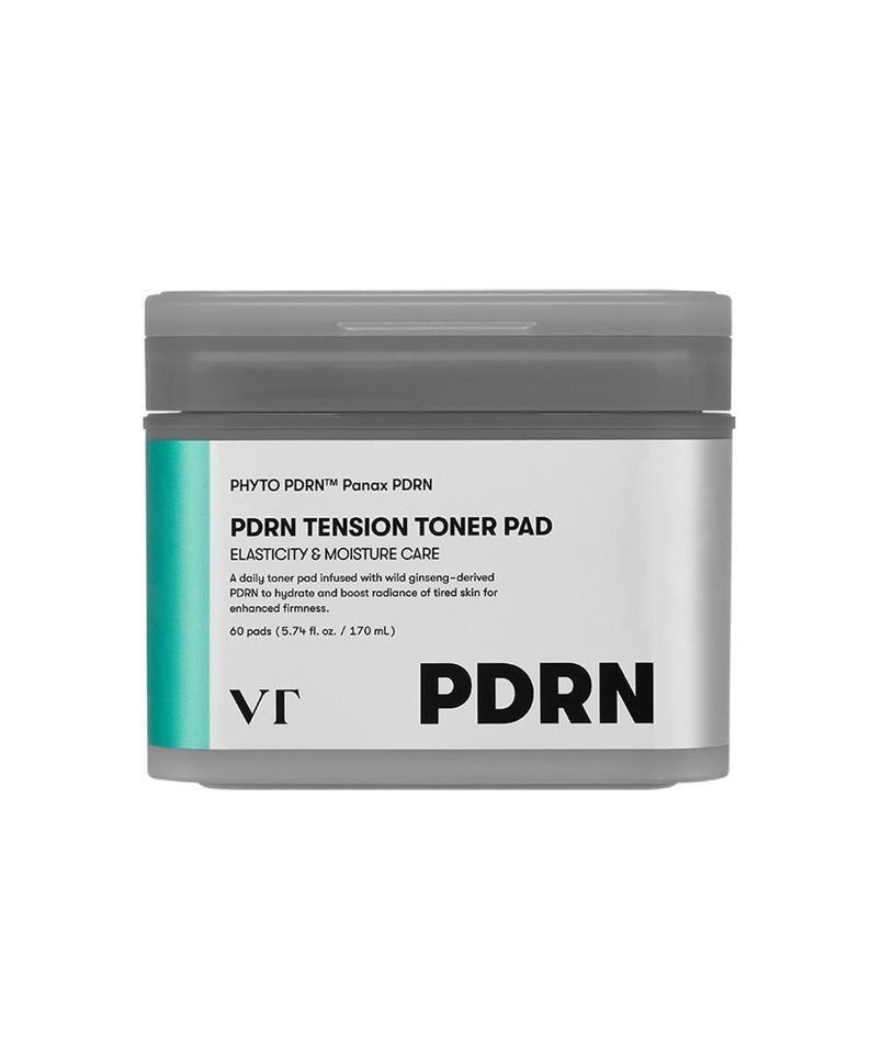 VT COSMETICS PDRN Tension Toner Pads 60 Sheets, pot cosmétique VT sur fond blanc, vue produit, description en français