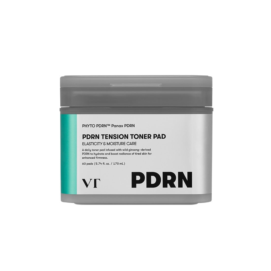 VT COSMETICS PDRN Tension Toner Pads 60 Sheets, pot cosmétique VT sur fond blanc, vue produit, description en français