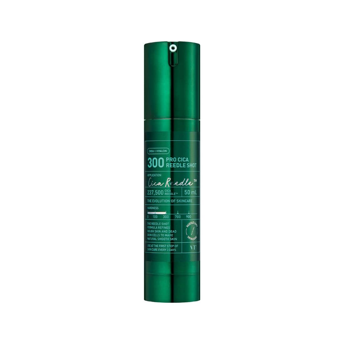 VT COSMETICS Pro Cica Reedle Shot® flacon vert sur fond blanc, produit de soin cicatrisant au contexte studio.
