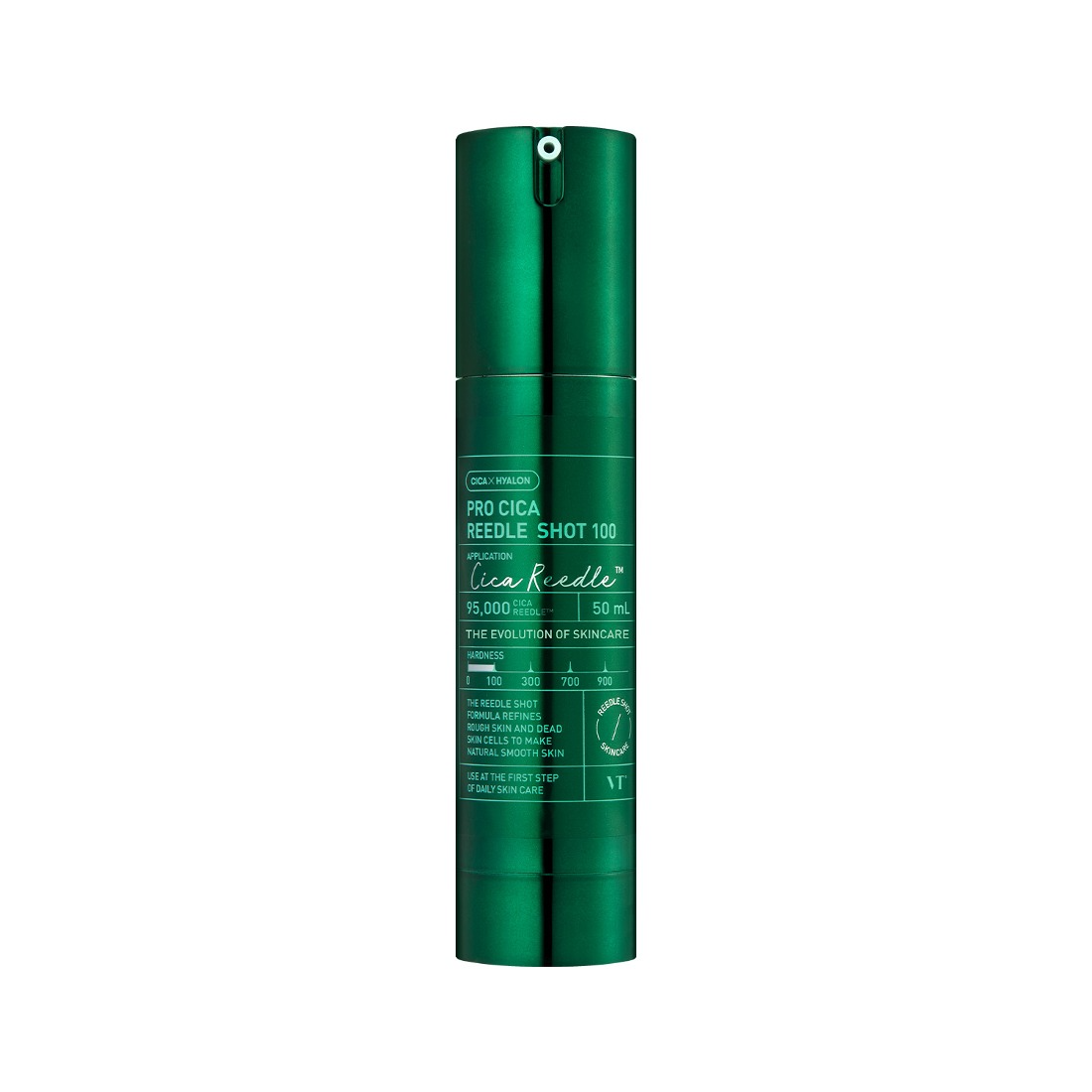 VT COSMETICS Pro Cica Reedle Shot® : flacon vert sur fond blanc, cosmétique anti-âge à la cica.