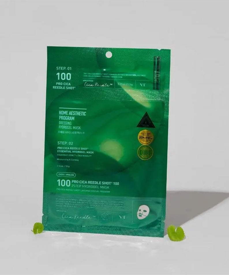 VT COSMETICS  Pro Cica Riddle shot 100 2-Step Hydrogel Mask (4-pack) : masque hydrogel en sachet vert, vue produit.