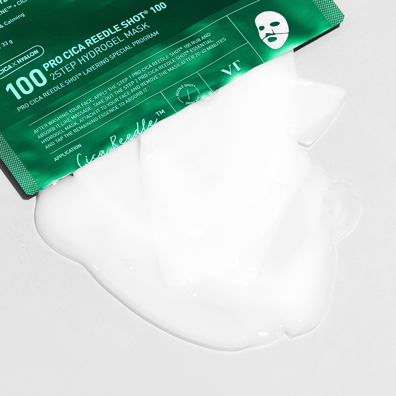 VT COSMETICS  Pro Cica Riddle shot 100 2-Step Hydrogel Mask (4-pack) : masque hydrogel sur fond blanc, étui vert.