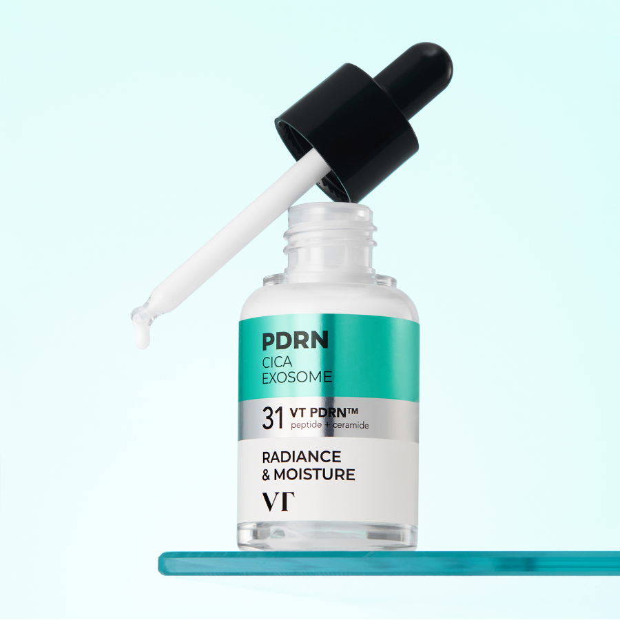 VT COSMETICS  R5 PDRN Firming Ampoule 30ml, sérum PDRN Cica Exosome VT, flacon goutte-pipette fond bleu clair