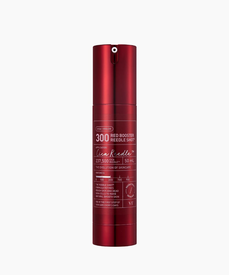 VT COSMETICS Red Booster Reedle Shot® flacon rouge sur fond blanc, visuel produit cosmétique premium.
