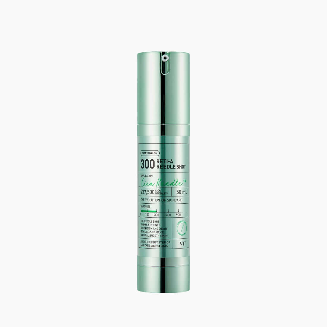 VT COSMETICS Reti-A Reedle Shot® flacon vert argenté sur fond blanc, produit cosmétique VT Cosmetics