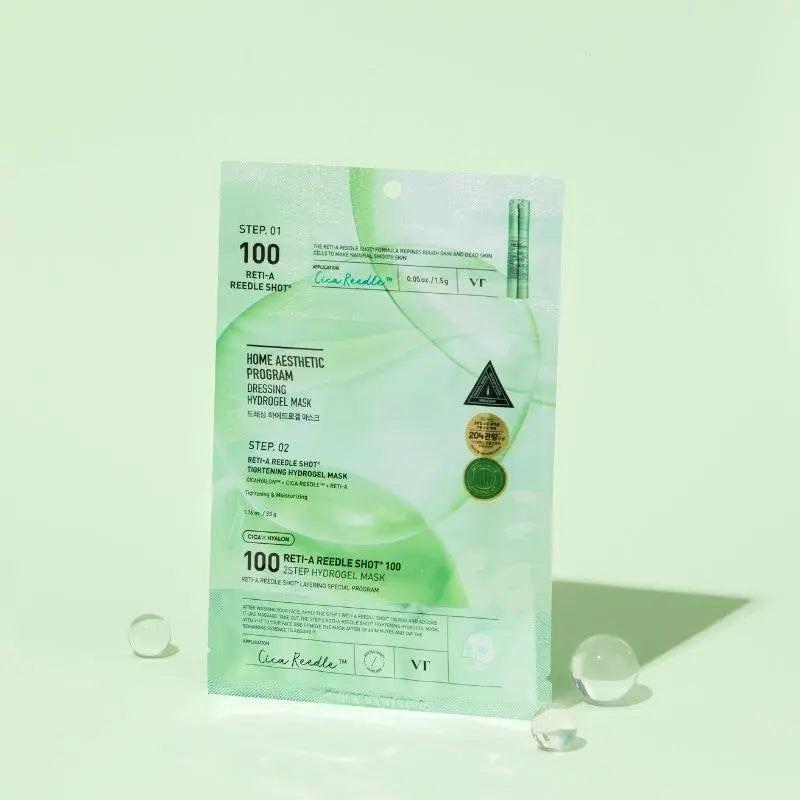 VT COSMETICS  Reti-A Riddleshot 100 2-Step Hydrogel Mask (4 sheets) en sachet vert sur fond clair, vue produit
