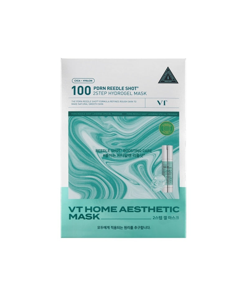 Décris l'image en français : VT COSMETICS Riddle Shot 100 2 Step Hydrogel Mask 5 Sheets, masque hydrogel en emballage VT, fond blanc.