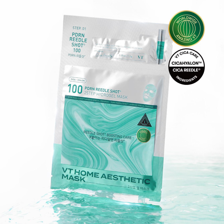 VT COSMETICS Riddle Shot 100 2 Step Hydrogel Mask 5 Sheets, masque hydrogel VT Cosmétics en poche blanche, visuel produit.