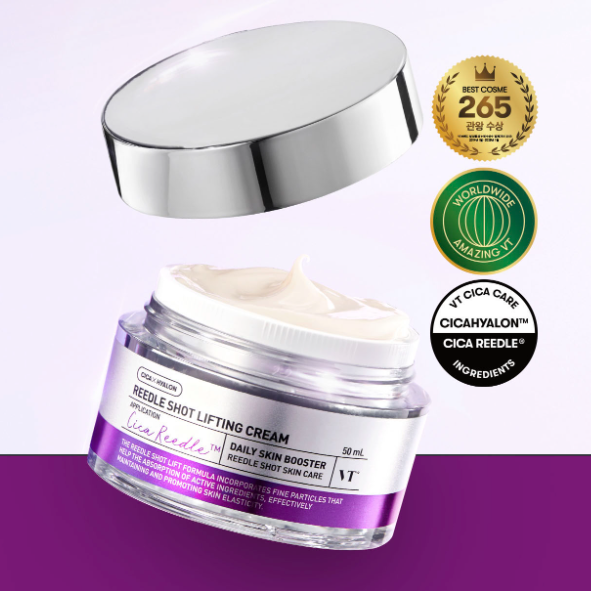 Décris l'image en français: VT COSMETICS Riddle Shot Lifting Cream 50ml, pot crème sur fond blanc, marque en évidence.