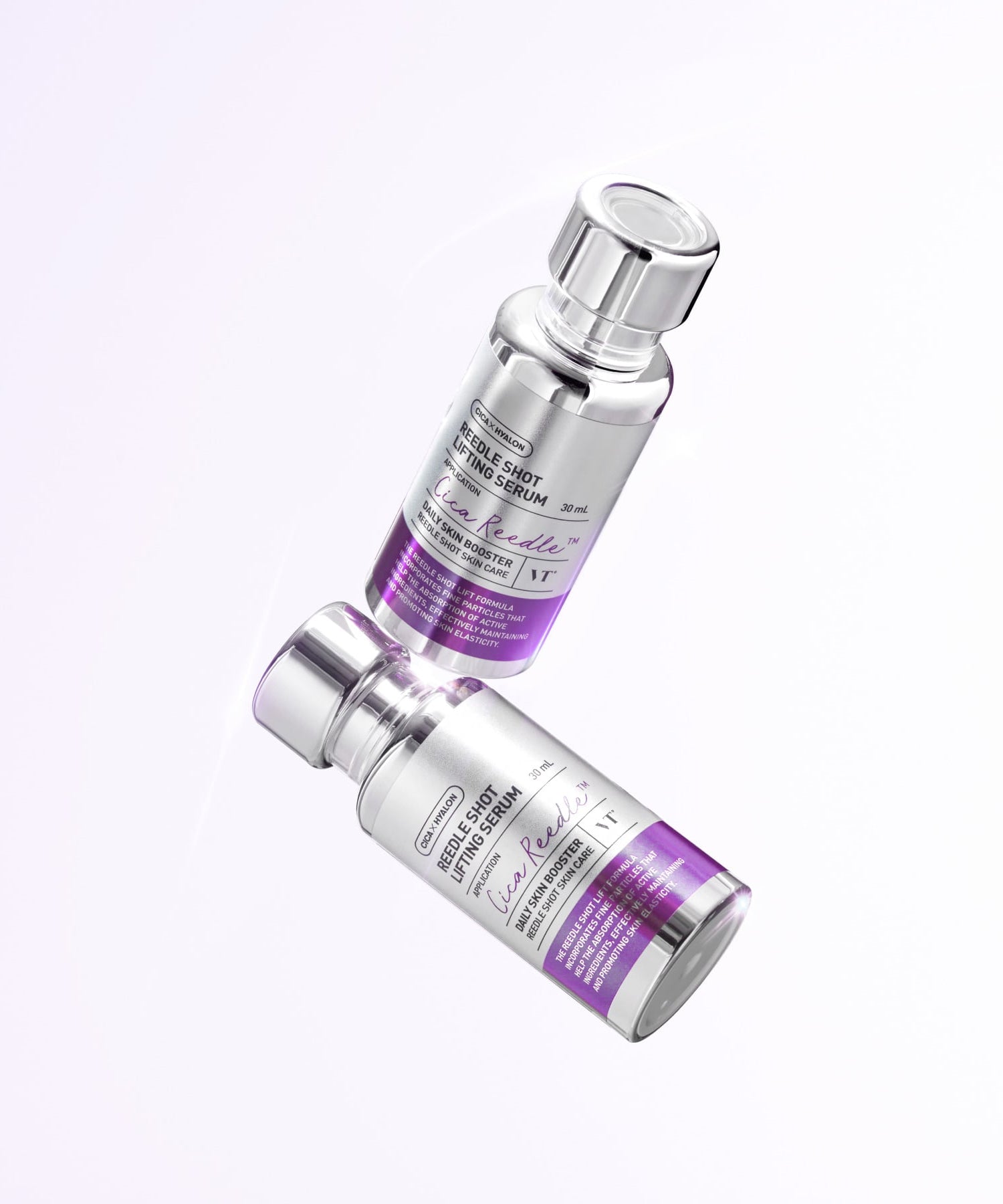 Décris l'image en français : VT COSMETICS Riddle Shot Lifting Serum 30ml, flacons violets sur fond blanc, marque en gros plan.