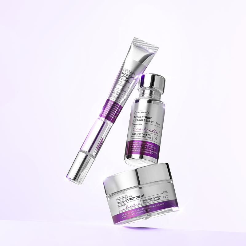 VT COSMETICS  Riddle Shot Lifting Vibration Eye Cream 15ml, crème contour des yeux VT sur fond clair, flacons et tube