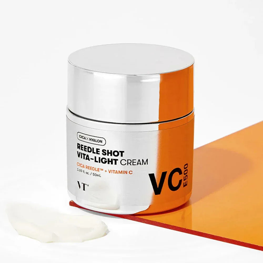 VT COSMETICS Riddle Shot Vita-Light Cream 50ml, pot crème VT Cosmetics sur fond blanc et orange, présentation produit.