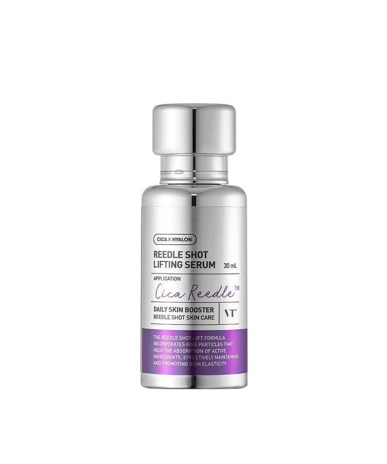 Décrivez l'image : VT COSMETICS Riddleshot Lifting Serum en flacon argenté sur fond blanc, vue produit VT COSMETICS.