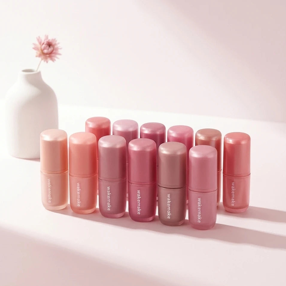 WAKE MAKE Water Blurring Layer Tint 4.6g, tints effet flou d’eau de la marque, alignés roses, décor minimaliste.