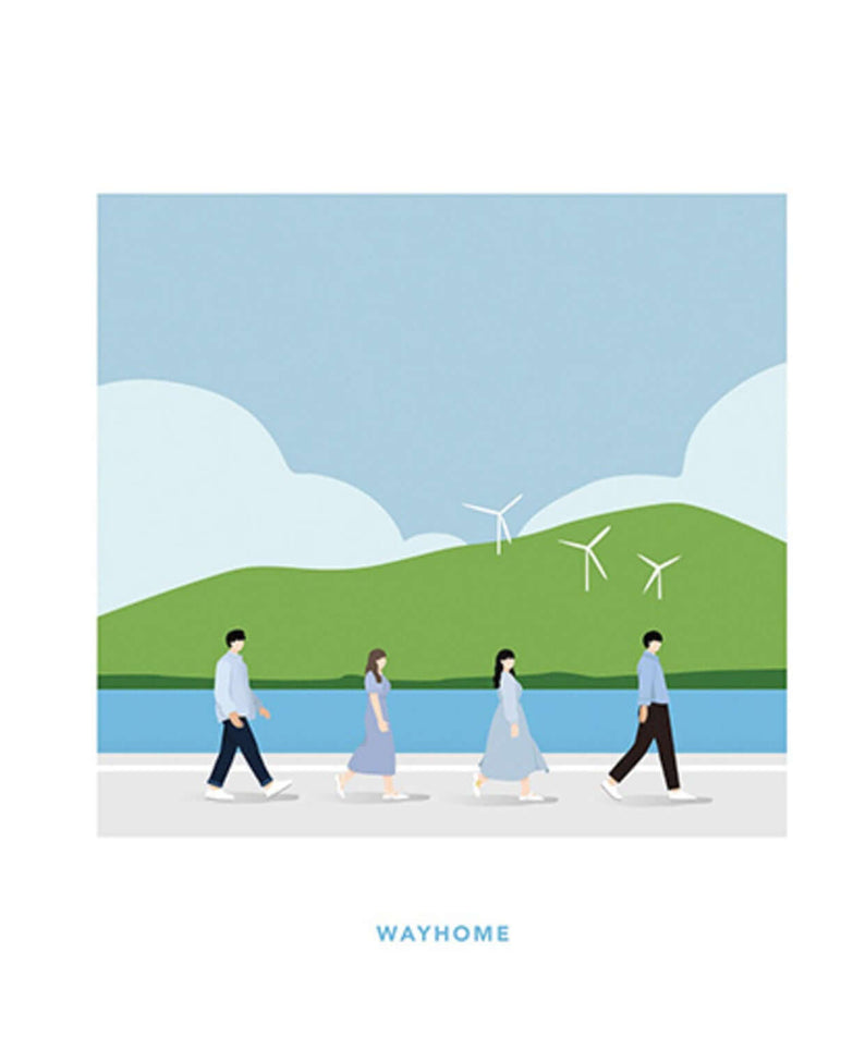 WAYHOME - Album Kpop de la marque WAYHOME, visuel pastel avec danseuses et danseurs devant des éoliennes, style mature