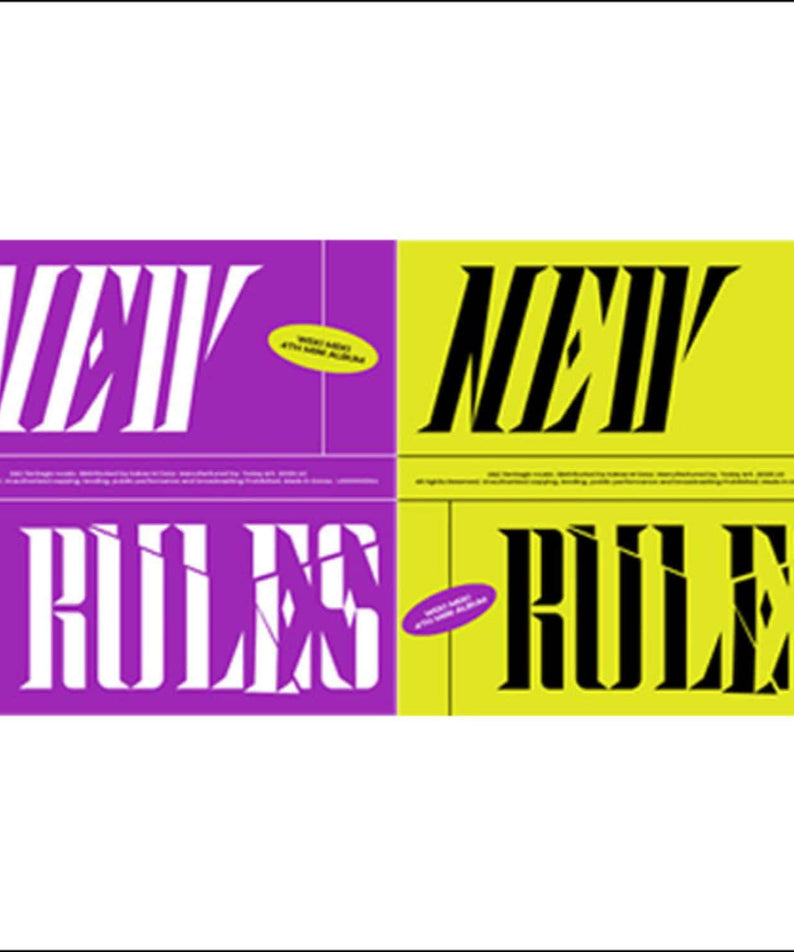 WEKI MEKI - [NEW RULES] - Album Kpop, couverture colorée violette et jaune, visuel pop K-pop du groupe WEKI MEKI