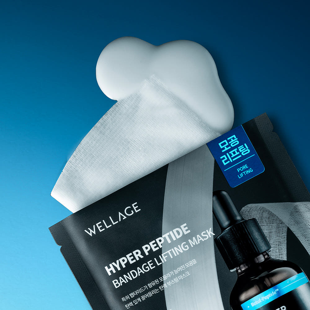 WELLAGE  Hyper Peptide Bandage Lifting Mask 25mlx5 sheets : masques patch en tissu sur fond bleu, marque WELLAGE visible.