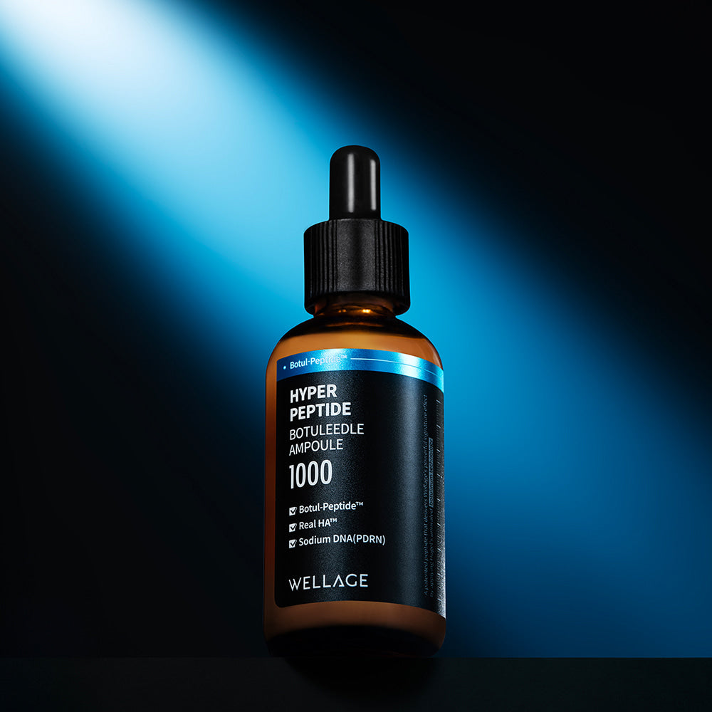 WELLAGE Hyper Peptide Botulinum Ampoule 50ml, flacon sérum bleu sur fond studio sombre, mise en avant produit