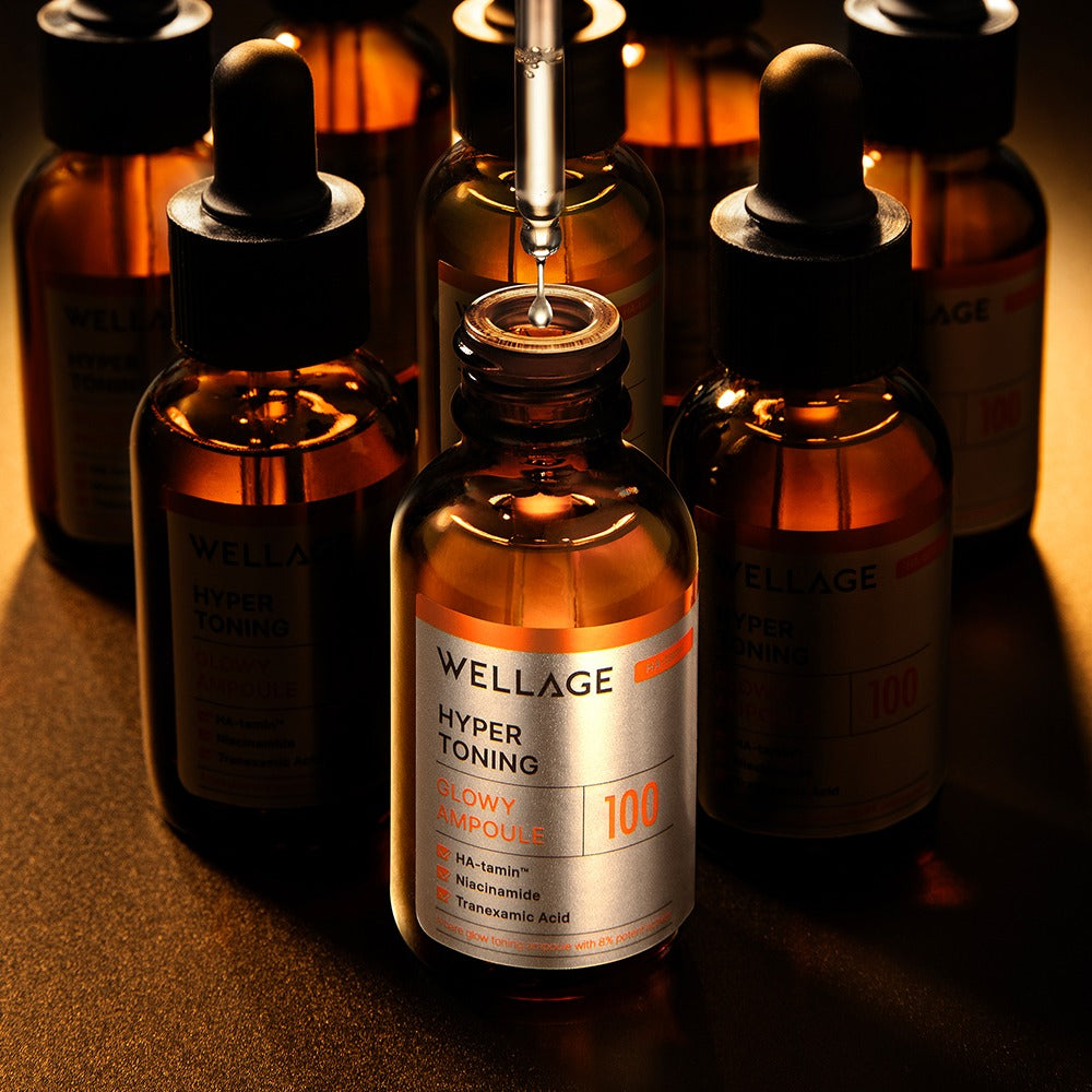 WELLAGE Hyper Toning Glow Ampoule 30ml, marque WELLAGE, sérums ambrés sur fond studio éclairé